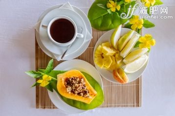 飲食,食品,盤子,熱飲,早餐_569567829_Breakfast with payapa, tropical fruit and coffee_創意圖片_Getty Images China